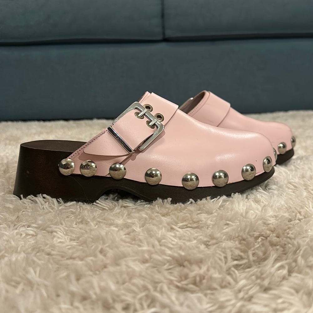 Ganni pink wooden clogs
